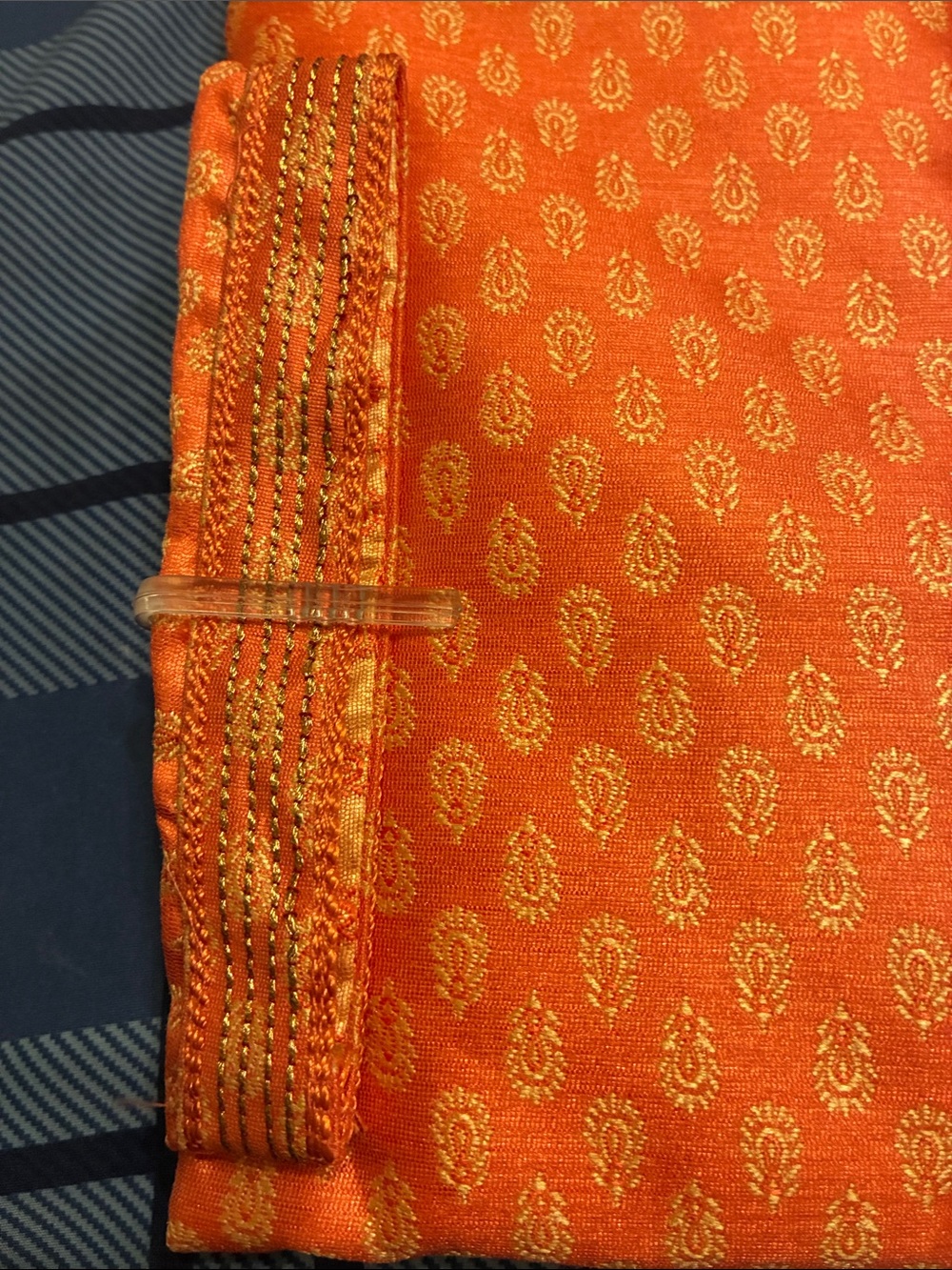 Men's Orange Traditional Kurta Pajama with Gold Motif and Brown Pant M|40 - Picture 8 of 8